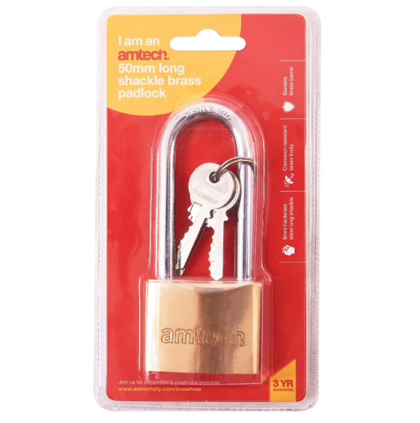 Amtech 50mm Long Shackle Brass Padlock - Image 2